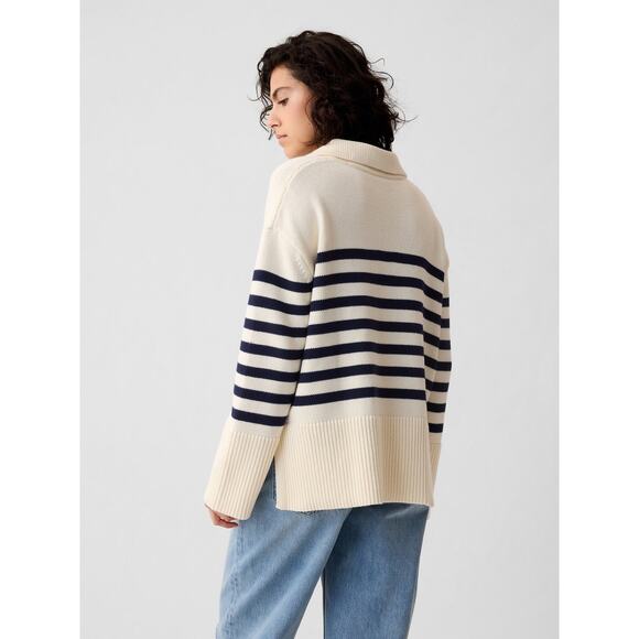 Gap 247 Split-hem Polo Sweater White Navy Stripe - XS - Picture 4 of 8